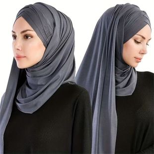Cross-Border New Product Mercerized Cotton Three-Layer Cross-Brim Strap Monochrome Long Scarf Shawl Hijab