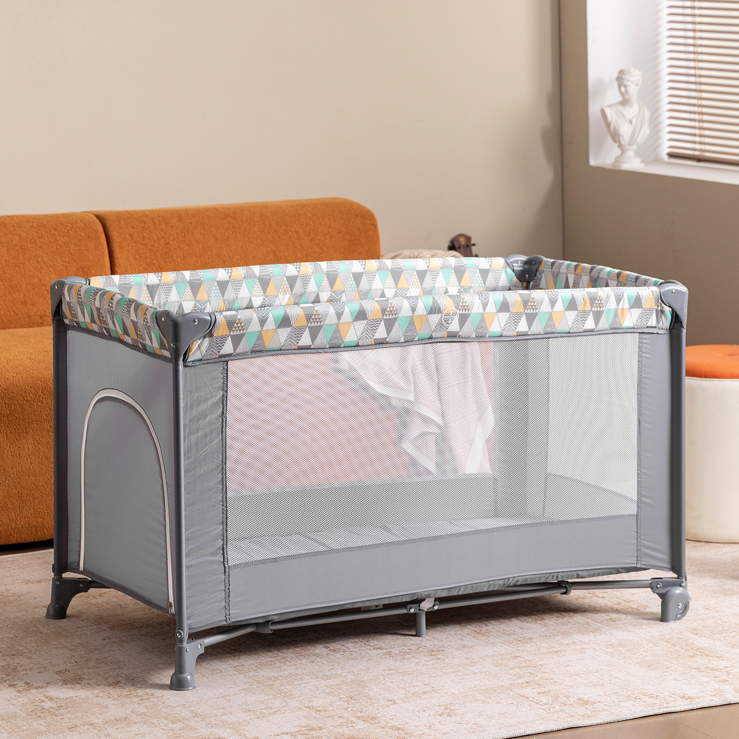 Cama plegable europea transfronteriza, cama multifuncional con ruedas, cama de juego portátil transfronteriza ligera con mosquiteros