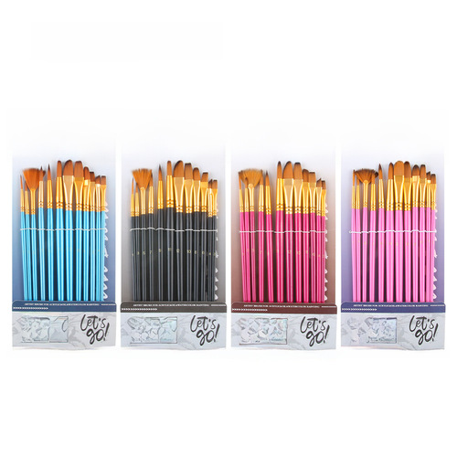 Cross-border Amazon Red 12 Pieces Nylon Hair Art Brushes Wood Handle Multi-purpose Watercolor Brush Set Factory Wholesale