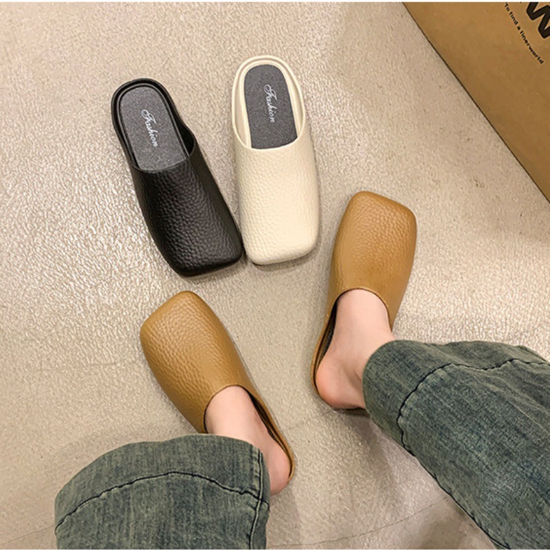 Four Seasons Shoes Mules Minimalist Imitation Leather Pattern Square Toe Half Slippers Soft Sole Low Heel-1.5Cm Small Heel Does Not Fatigue Your Feet