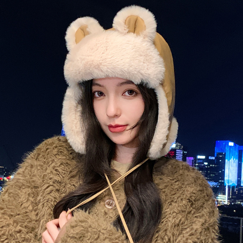 可爱小熊冬季帽子女加厚保暖雷锋帽骑行滑雪加绒护耳帽防风一体帽|undefined