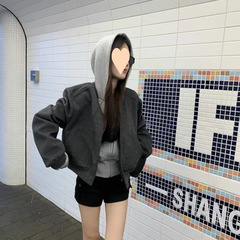 春秋新款高级感宽松短款棒球服女复古连帽拼接短款长袖外套潮