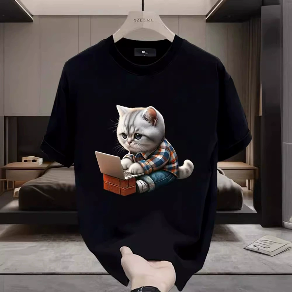 Летний мужской новый прилив круглый воротник тонкая, красивый с короткими рукавами, тяжелый мультяшный котенок с принтом