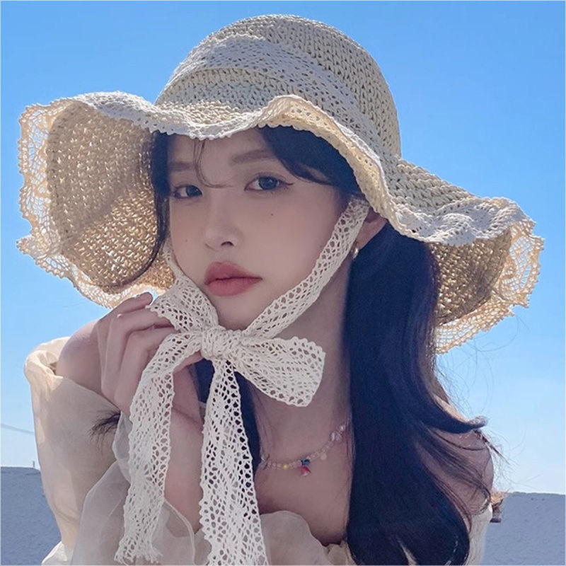 新款泫雅风彩珠渔夫帽夏季海边草帽女大帽檐遮阳防晒帽可折叠帽子|undefined