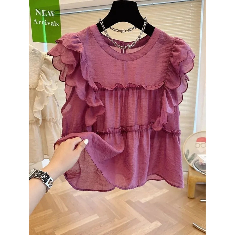 French Ruffled Flying Sleeve Round Neck Shirt for Women Summer Sweet Baby Doll Shirt Loose Niche Chic Sleeveless Top