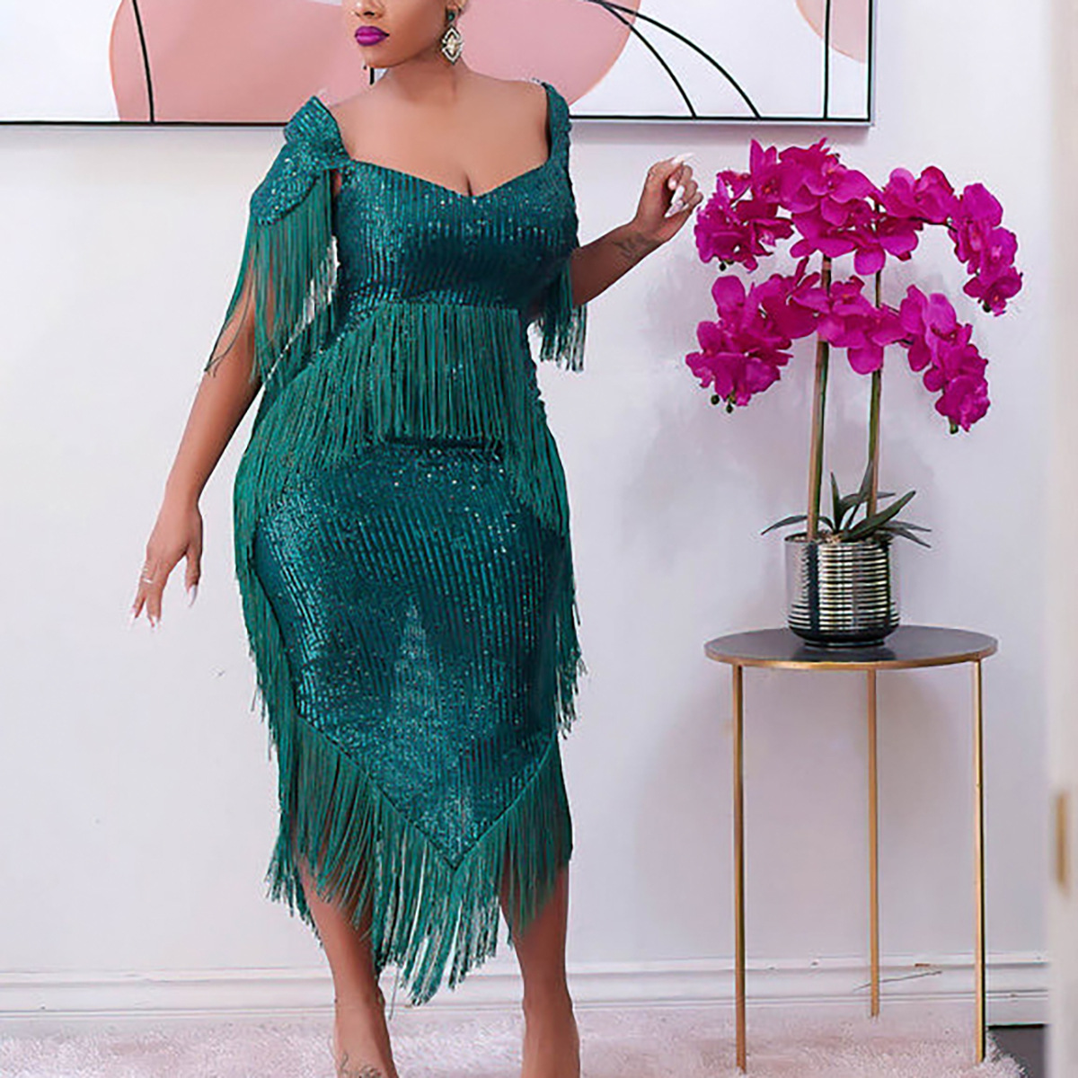 Elegant Women's Evening Dress With Sequins And Tassels For Party_voghion.com