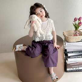 女宝宝韩版洋气蕾丝马甲穿搭套装中小童夏装时髦短袖阔腿裤三件套