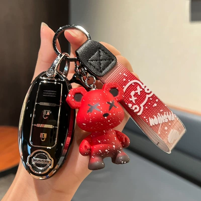 Bag Key Case Unisex – Car key bag - nissan-d-smart-3-key-single-shell-black-red-violence-bear-pendant
