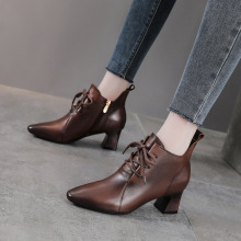 春秋新款尖头系带马丁靴女头层牛皮英伦风及踝小短靴中跟真皮女鞋