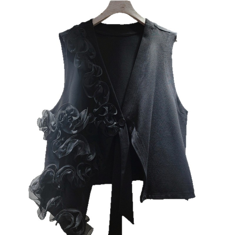 Flores tridimensionales de alto nivel de diseño de cuello en V chaleco de chaleco casual otoño y invierno 2025 nuevo tipo de chaleco plegable