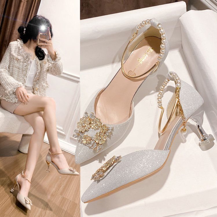French-Style Crystal Wedding Shoes for Women, Chunky Heel, Niche High-End Champagne Color, Suitable for Brides, Can Be Worn with Wedding Dresses, High Heels
