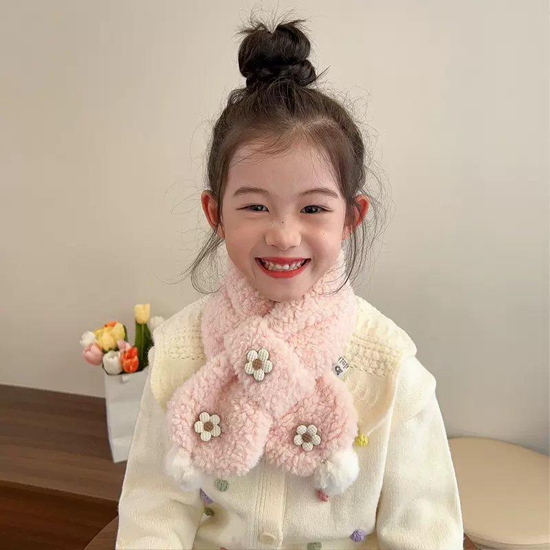 冬季洋气甜美可爱三朵花儿童毛绒保暖透气围脖新交叉护颈舒适围巾