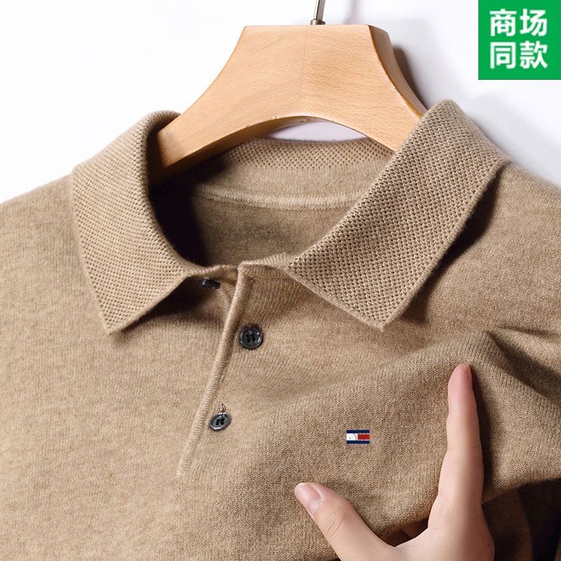 Tommy Solid Color Wool Sweater for Men, Thickened with a Turn-Down Collar, Loose Fit, Middle-Aged Men's Casual Warm Inner Sweater, Men's Polo Shirt