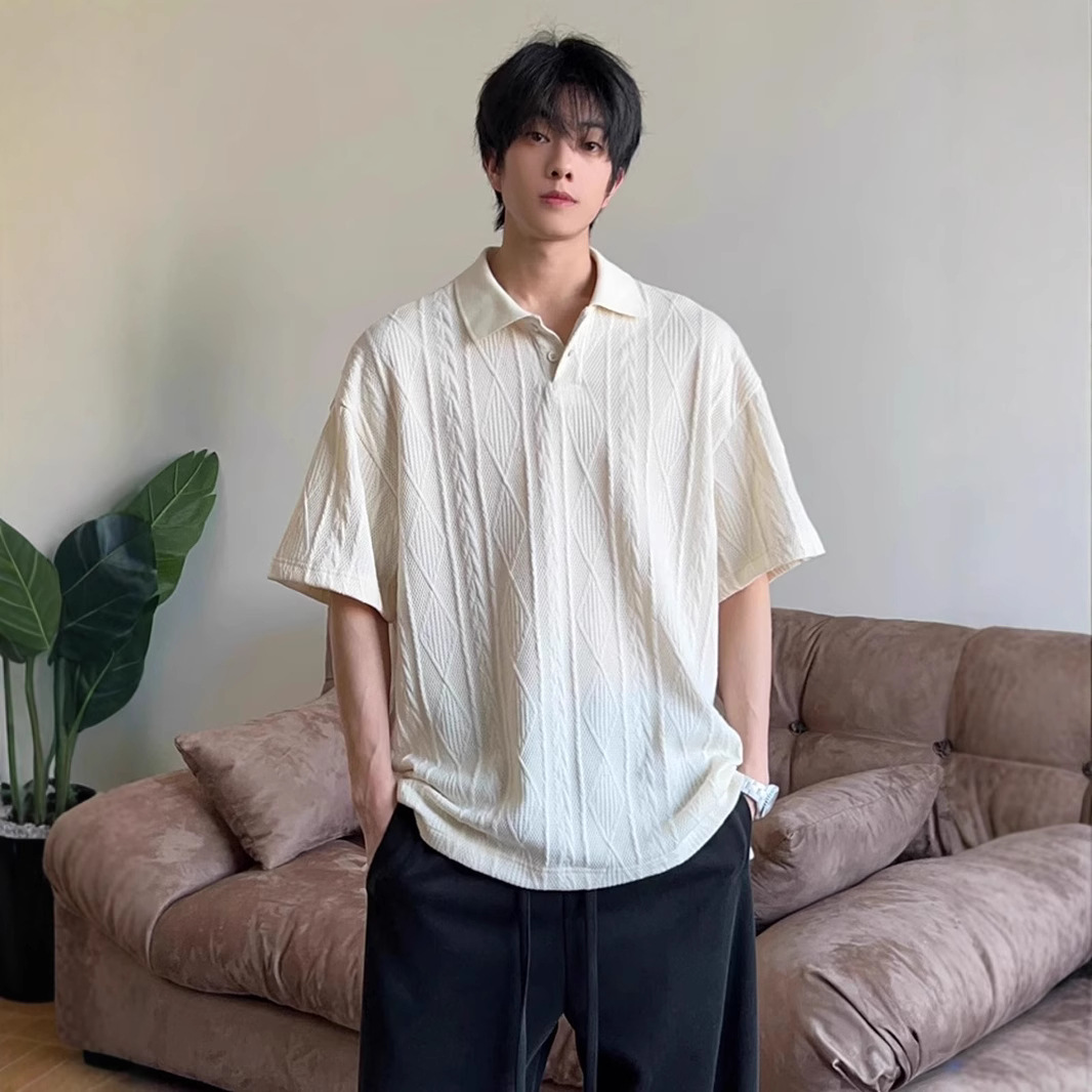 Camisa POLO de manga corta de punto jacquard con patrón de espiga de trigo, hombre, verano suelto y versátil, estilo de dinero viejo, camiseta de hombro de alta gama