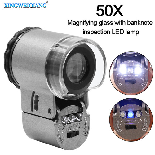 With LED light and UV banknote inspection lamp for viewing jade, jewelry and antiques, mini microscope for jewelry identification, 50x magnifying glass