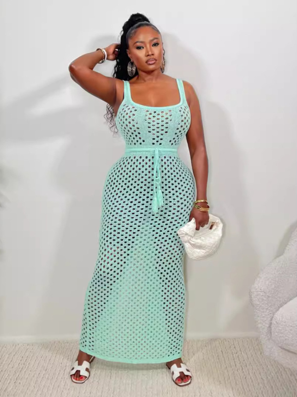 Amazon Cross-Border 2024 Summer Women's New Lace Mesh Vest Top Hip-Covering Knitted Beach Long Skirt