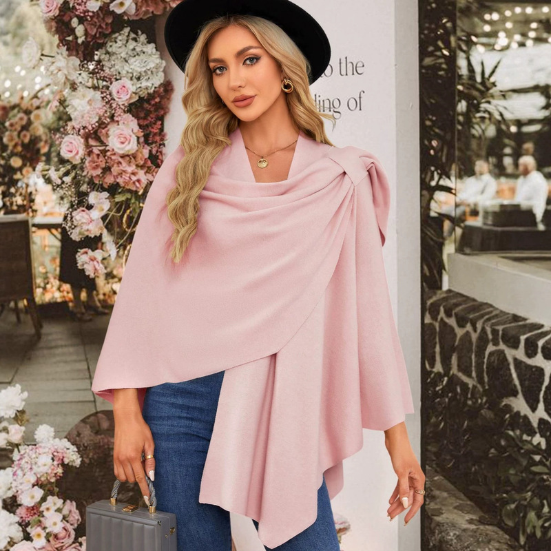 French-Style Elegant Solid Color Cape Knit Shawl with Asymmetrical Hem, Large Lapel Wrap Design, and Knot Decoration Sweater French-Style Elegant Solid Color Cape Knit Shawl with Asymmetrical Hem, Large Lapel Wrap Design, and Knot Decoration Sweater