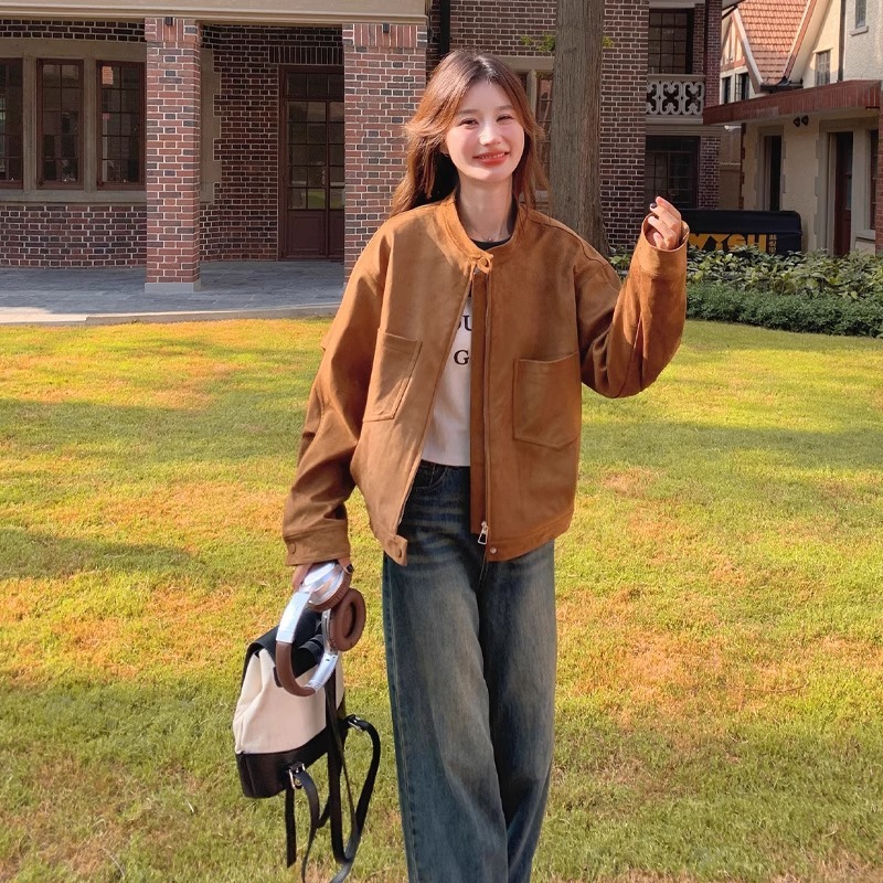 브라운 자켓 여성용 스웨이드 봄 가을 신상 한국 스타일 루즈핏 캐주얼 만능 스타일 카라탑