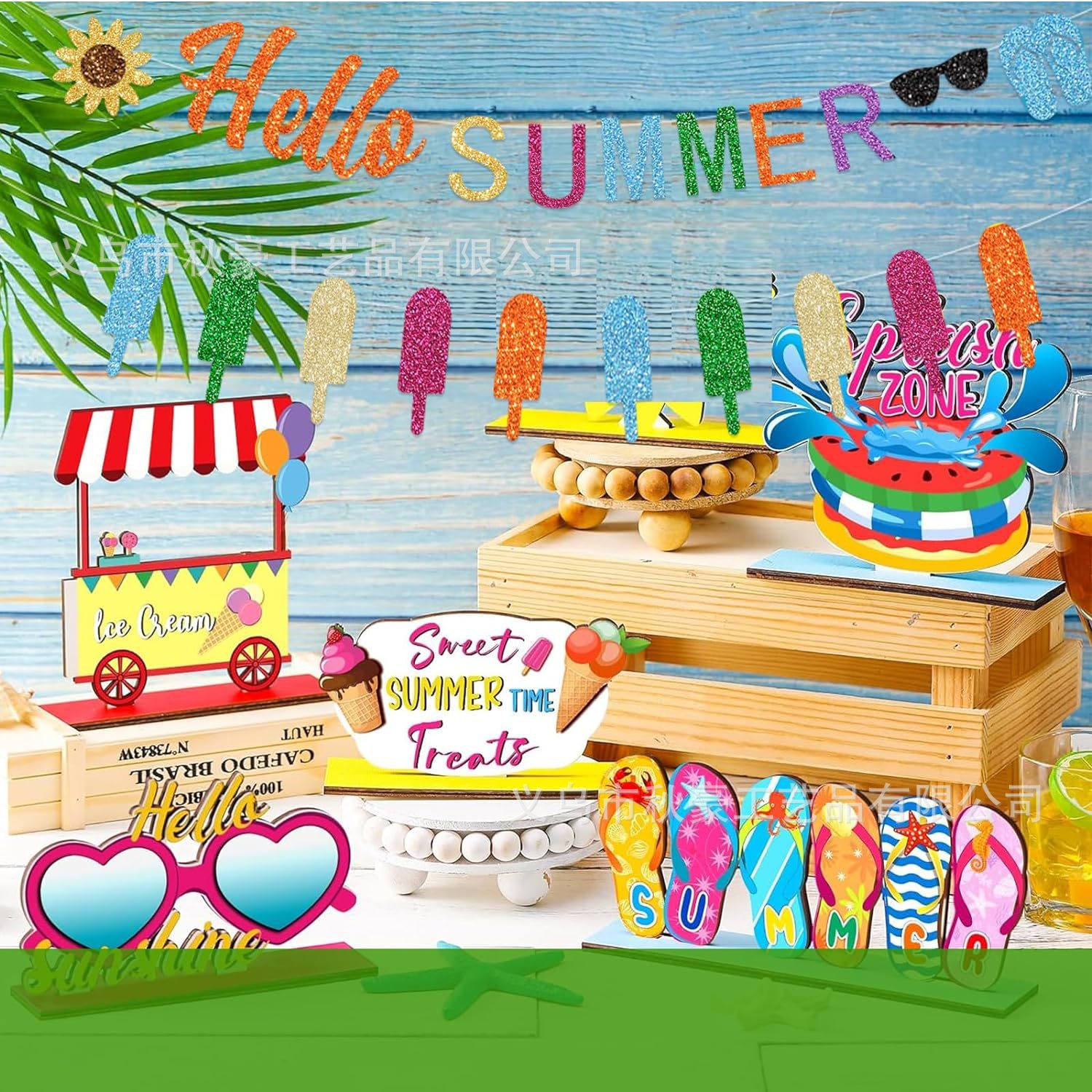 Decoración de fiesta hawaiana Lavado de flores hello summer bandera piña árbol de coco bandera colgante diseño de atmósfera