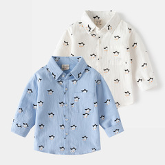Children's Shirts 2023 Autumn New Boys Lapel Cartoon Print Cardigan Tops Boy Baby Long Sleeve Shirt