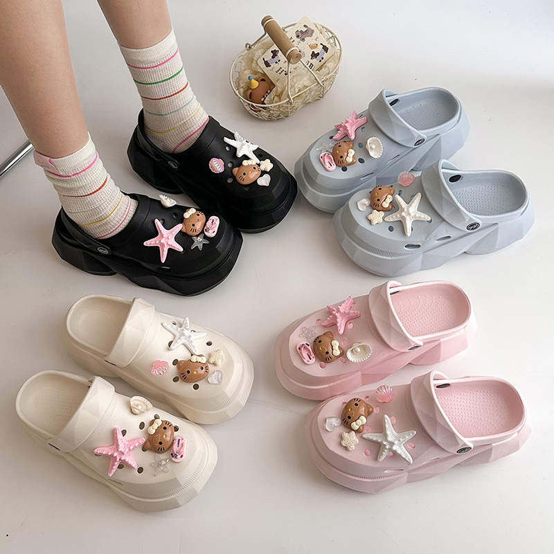 Brown Clogs with Kt Cat, Blue and White Starfish DIY Decorations, High-End Accessories, Cute Shoe Charms, Detachable Shoe Buckles