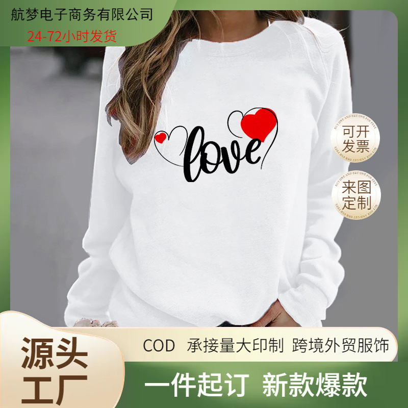 2026 European and American Foreign Trade New Fashion Love Heart Round Neck Sweatshirt Autumn Printed Sports Top