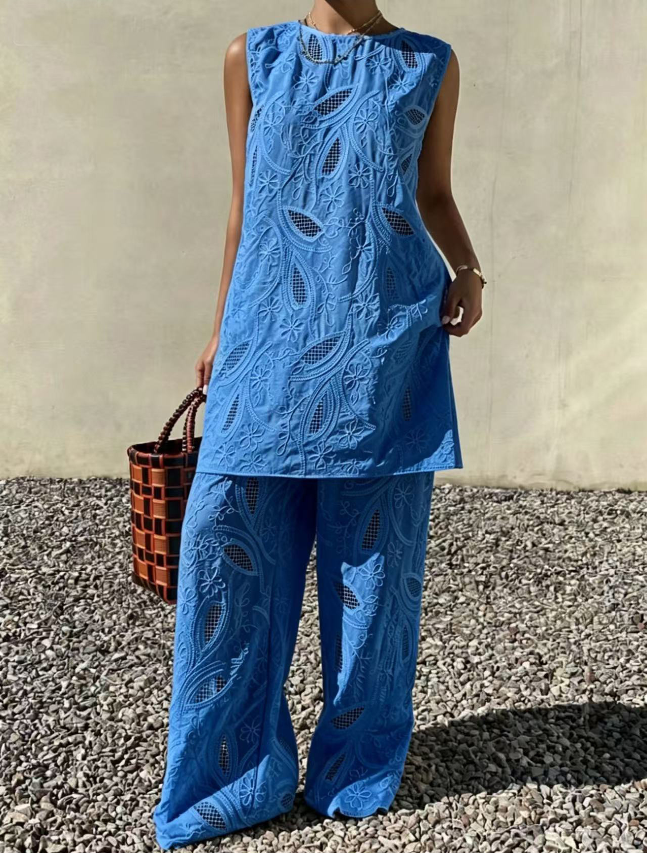 White Embroidered Sleeveless Vest Wide Leg Pants Two Piece Casual Fashion Set Women's Clothing_ecoleips.com