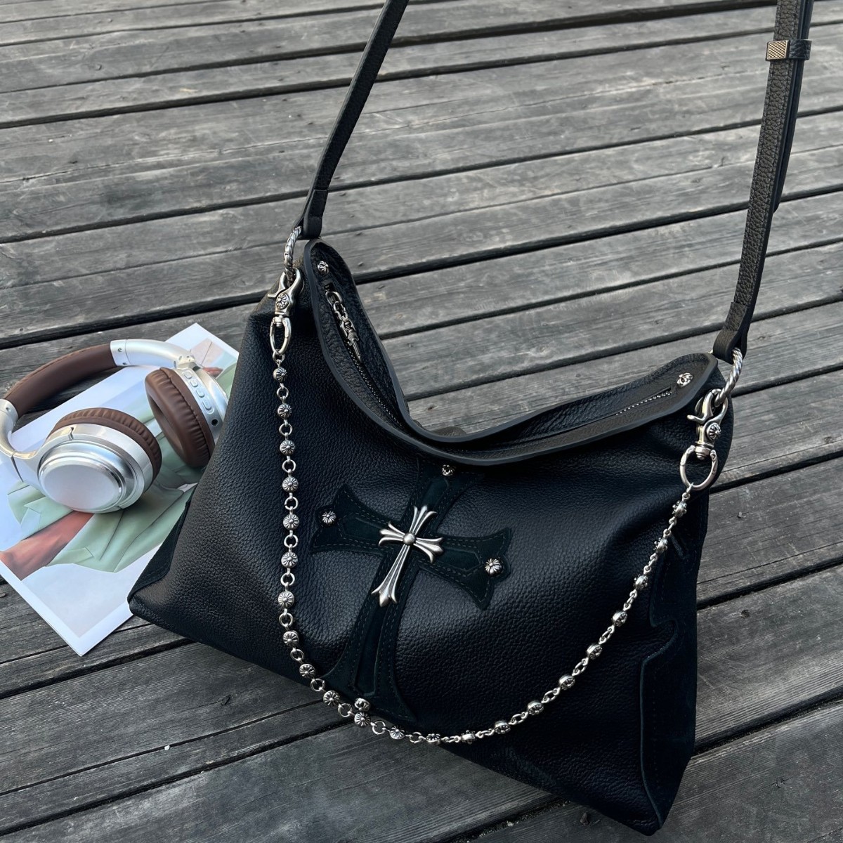 克罗风黑武士托特包复古十字架链条包明星同款中古包软牛皮大包潮