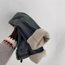 复古加绒加厚直筒牛仔裤女2025冬季新款高腰显瘦宽松保暖阔腿裤子