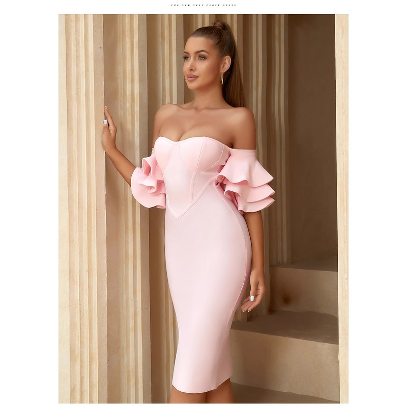 Cross-border European and American Chest Wrap Pink Bandage dress Bubble Sleeve Off-shoulder Sexy Short Sleeve Stretch Banquet Evening Dress