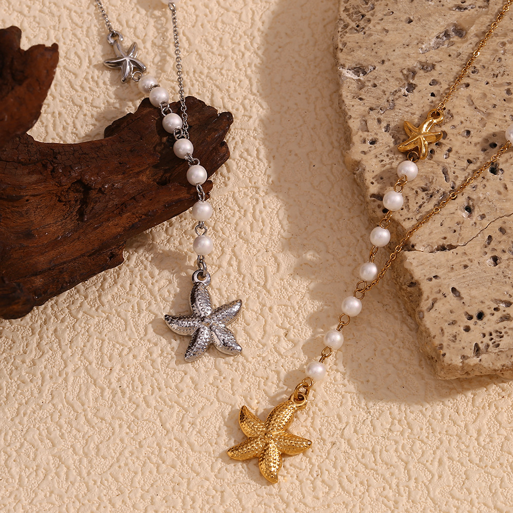 Starfish Pearl Pendant Stainless Steel Necklace