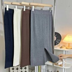 春秋用タイトニットスカート レディース ミディアム丈 ヒップカバー ハイウエスト スリット入り 厚手 ドレープ感 着痩せ効果 ウール素材 ストレートロングスカート