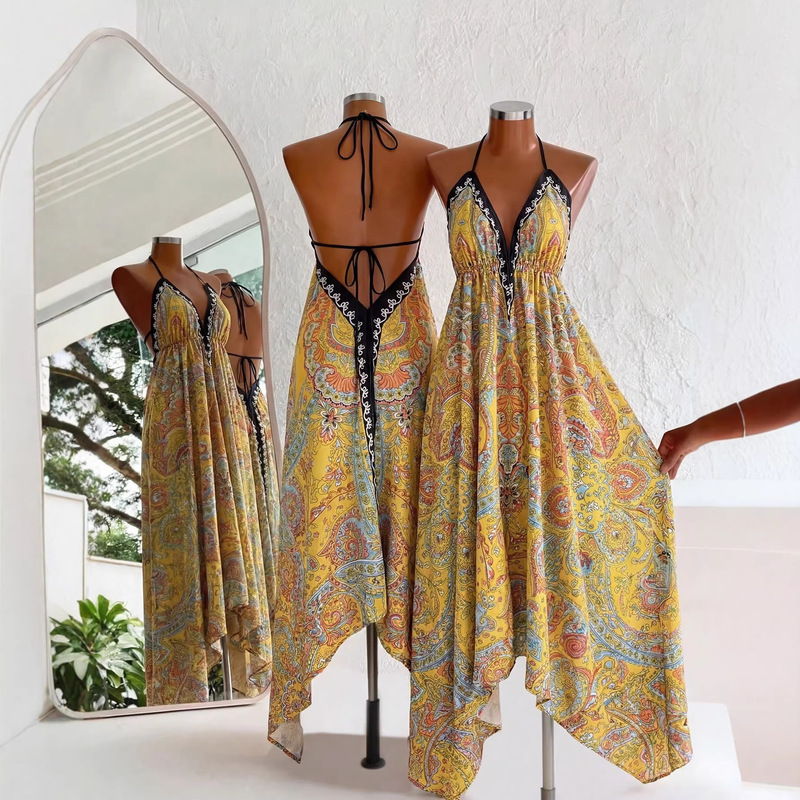 Retro Bohemian Style Suspender Deep V-Neck Long Dress High-Waisted Printed Summer Seaside Backless Dress Sexy