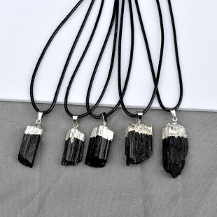 Cross-Border Natural Crystal Raw Stone Black Tourmaline Pendant Electroplated Edge Electrical Stone Asymmetrical Pendant Jewelry Necklace