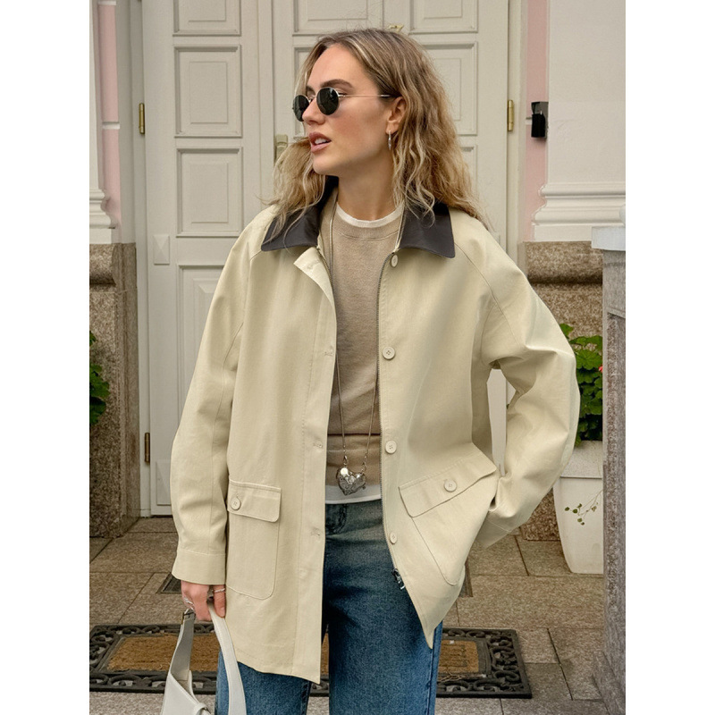 Britischer Retro Mantel Mit Revers Und Colour-blocking In Beige_voghion.com