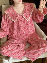 睡衣女春秋季2025年新款开衫红色蝴蝶结格子娃娃领长袖家居服套装