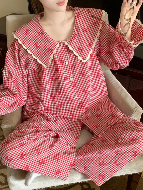 Pajamas for Women Spring and Autum 2025 New Cardigan Red Bow Plaid Doll Collar Long-Sleeved Home Wear Set