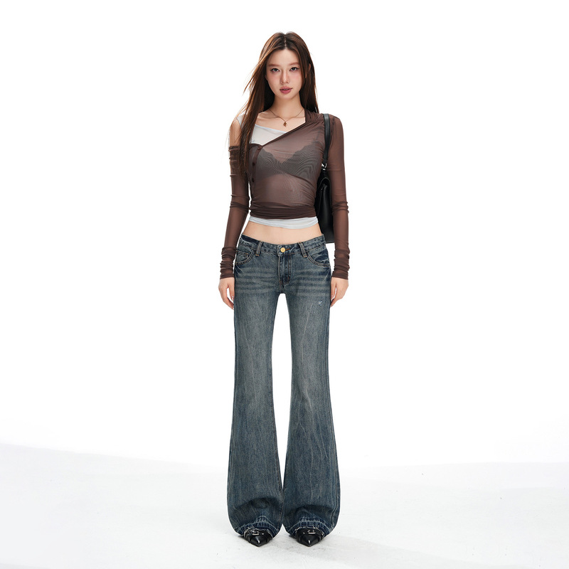 Low-Waist Micro-Flared Jeans for Women 2025 Autum New American-Style Back Pocket Embroidered Elastic Tight Slimming Look Flared Pants