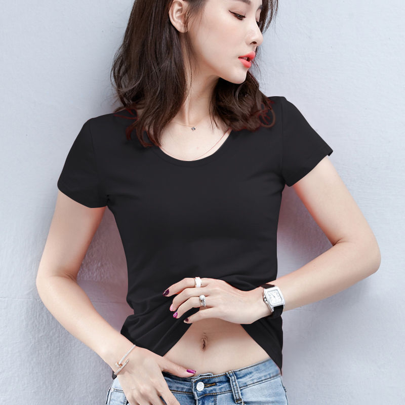 赤い肩の半袖のtシャツの女性の夏の修身の婦人服の丸首の半袖の底のシャツは年齢を減らして身の上着の卸売りを身につけます。|undefined