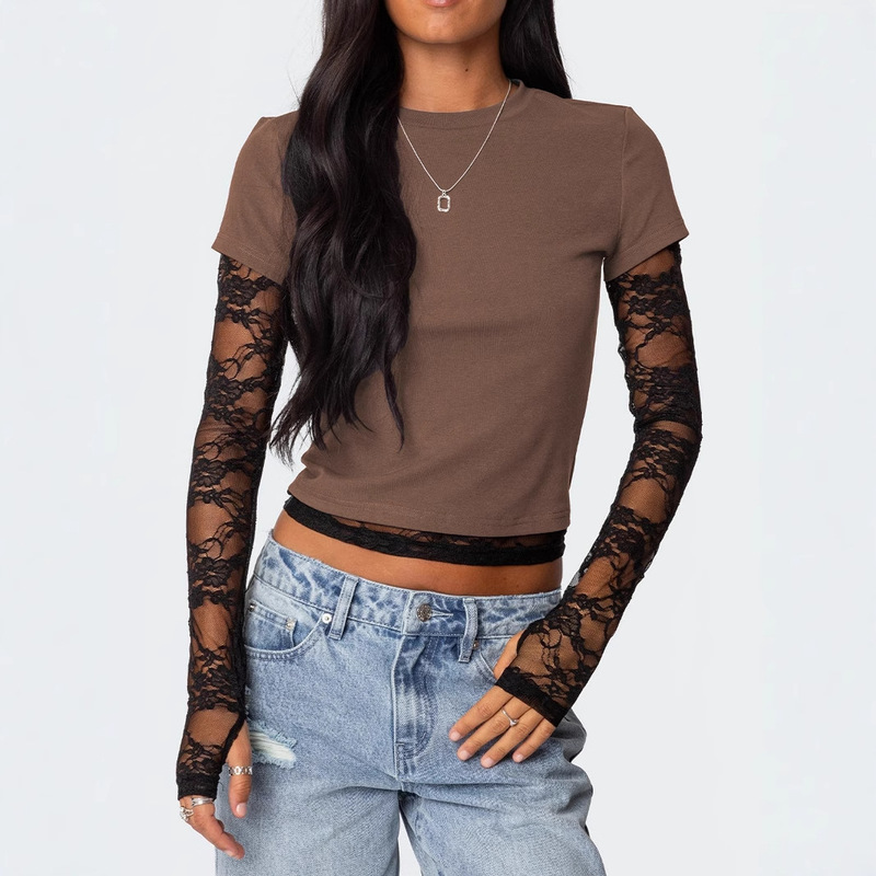 European and American Export Women's Clothing Amazon Y2K New Women's Lace Splicing Sleeves Fake Two-Piece Long-Sleeved Round Neck T-Shirt