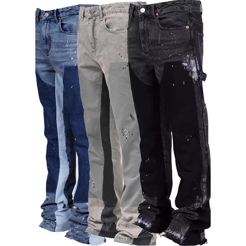 Men's Denim Cargo Pants European and American Fashion Ins Workwear Popular Elastic Patch Denim Layered Flared Pants