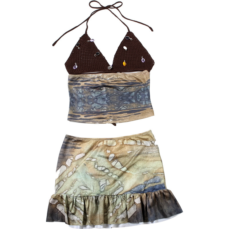 Summer Women's Sexy Backless Tube Top High Waist Skirt Suit Small Printed Female Clothing Set_ecoleips.com