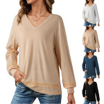 欧美亚马逊女式上衣2025长袖套头 V 领秋季衬衫镂空蕾丝刺绣衬衫