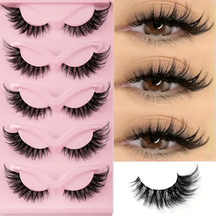 Cross-Border Hot Style 5 Pairs of Cat-Eye False Eyelashes, Naturally Thick, Fluffy and Curled, Transparent Stems, Slanted Fox Eyelashes