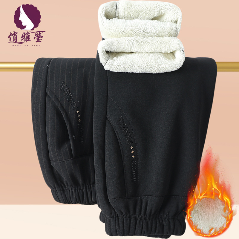 中老年妈妈裤子秋冬款奶奶休闲裤冬季加绒加厚高腰直筒裤宽松大码