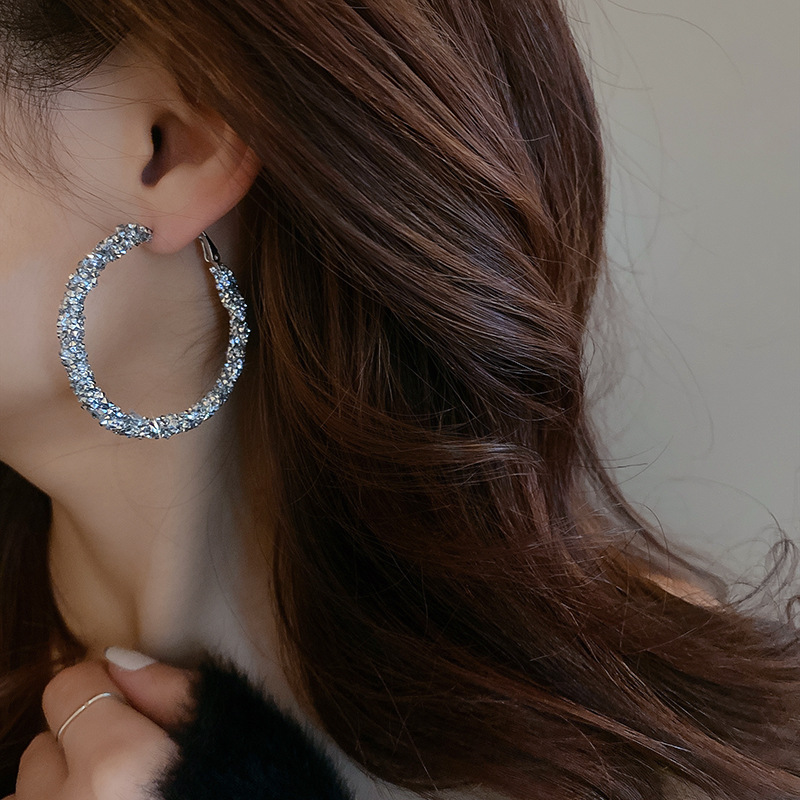 17g Weight Artificial Gemstones Inlay Material 1 Pair Exaggerated Circle Alloy Inlay Artificial Gemstones Women's Hoop Earrings