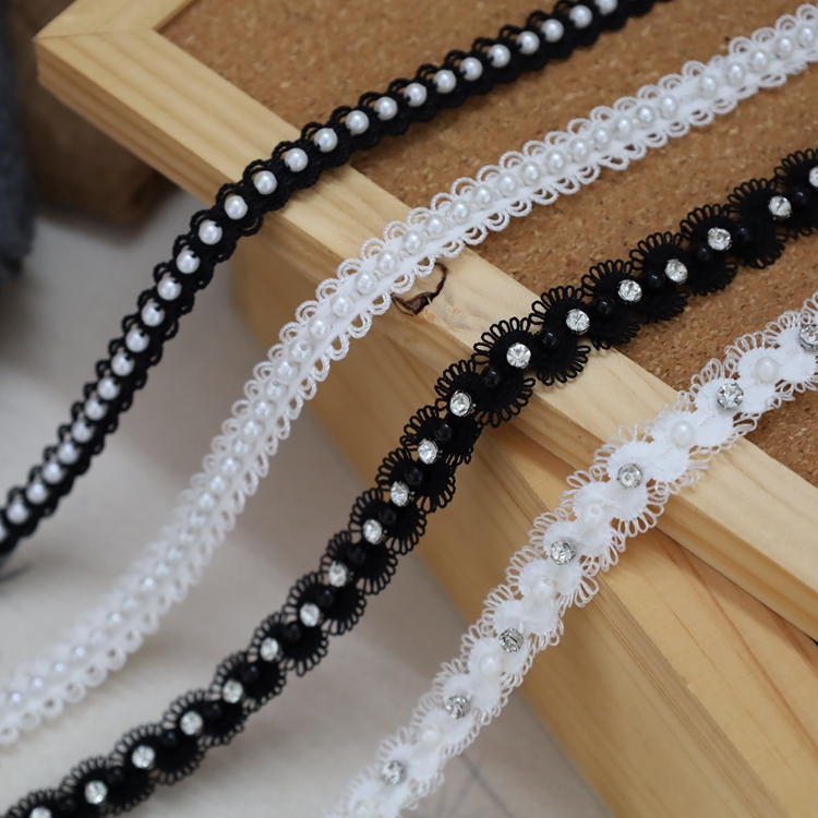 Black and white micro-elastic lace with pearls and small rhinestones for DIY clothing belt, sleeve edge, collar decoration, and sewing accessories