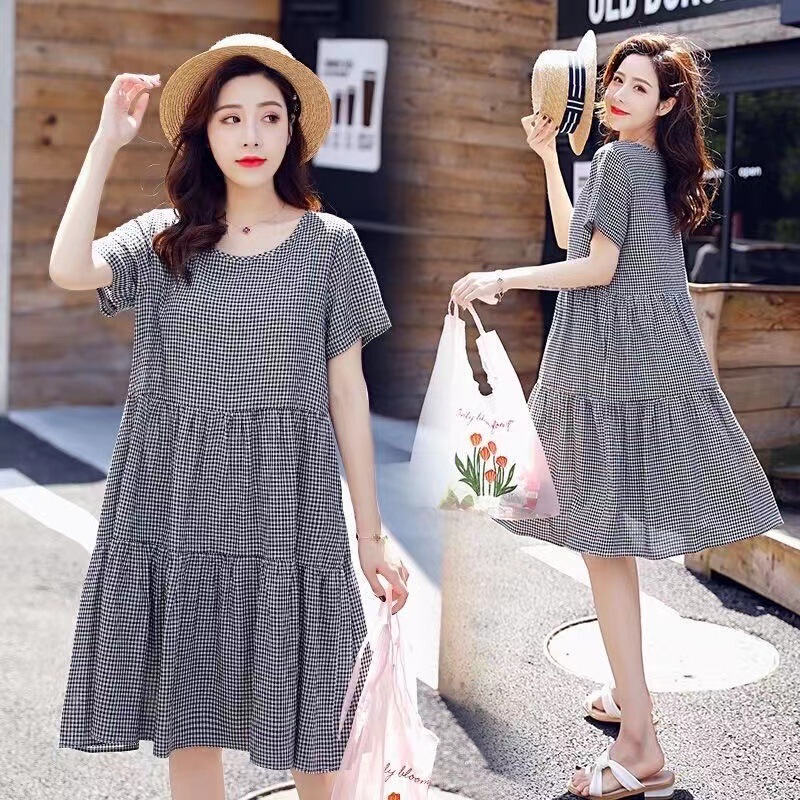 Maternity Wear Mid-Length Dress Women's Summer New Popular Skirt Large Size Loose Plaid A-Line Maternity Skirt