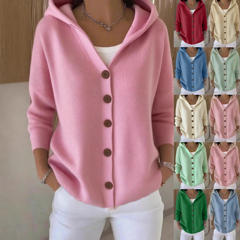 Cross-Border European and American Style Autumn and Winter New Hooded Knitted Cardigan for Women Solid Color Casual Fashion Sweater Jacket for Women