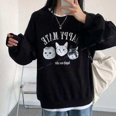Korean-style Loose Sports Sweatshirt Women's Spring Autumn and Winter Casual Round Neck Thickened Thin Fleece Cartoon Cat Printed Sweatshirt Korean-style Loose Sports Sweatshirt Women's Spring Autumn and Winter Casual Round Neck Thickened Thin Fleece Cartoon Cat Printed Sweatshirt